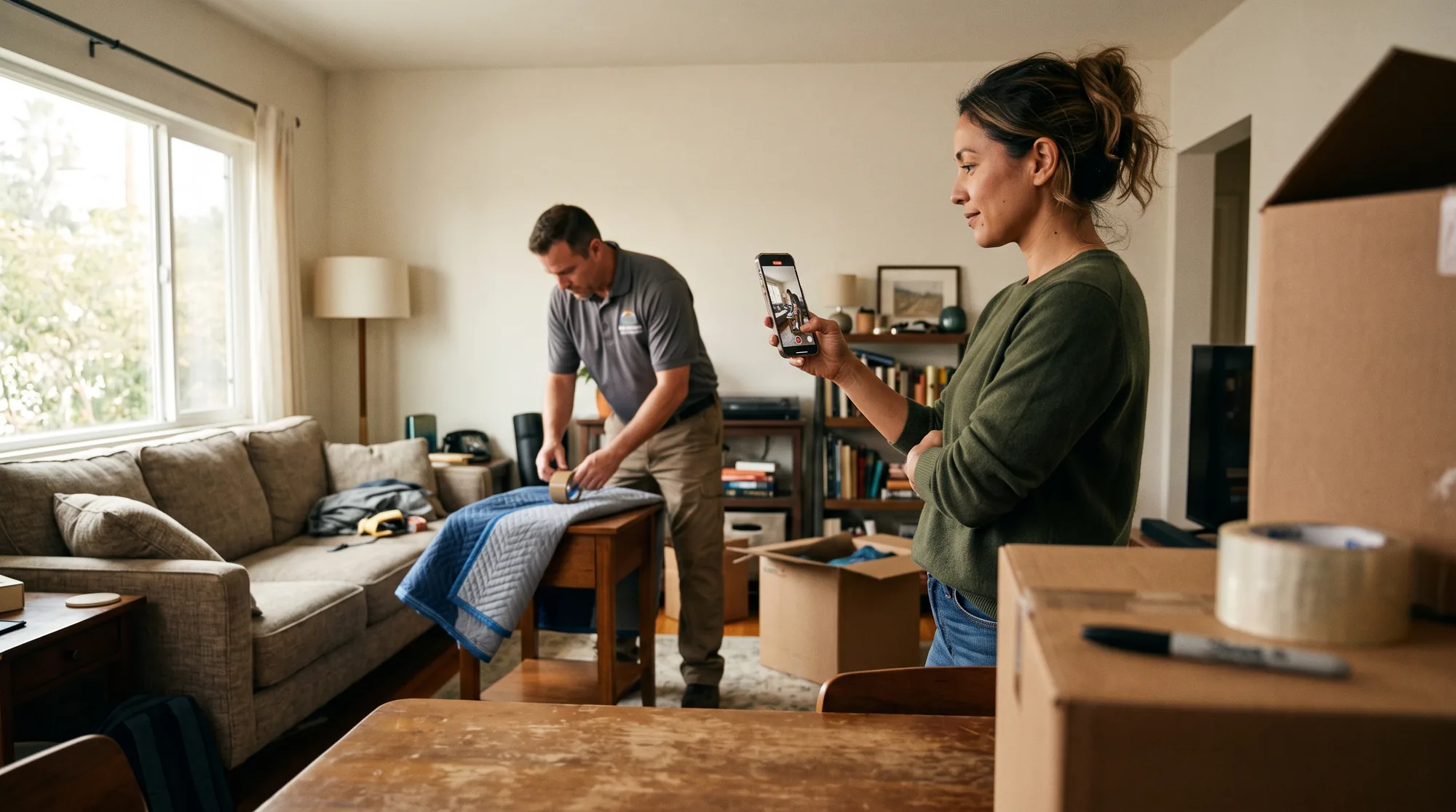 A customer films her living room on a phone while a mover wraps furniture